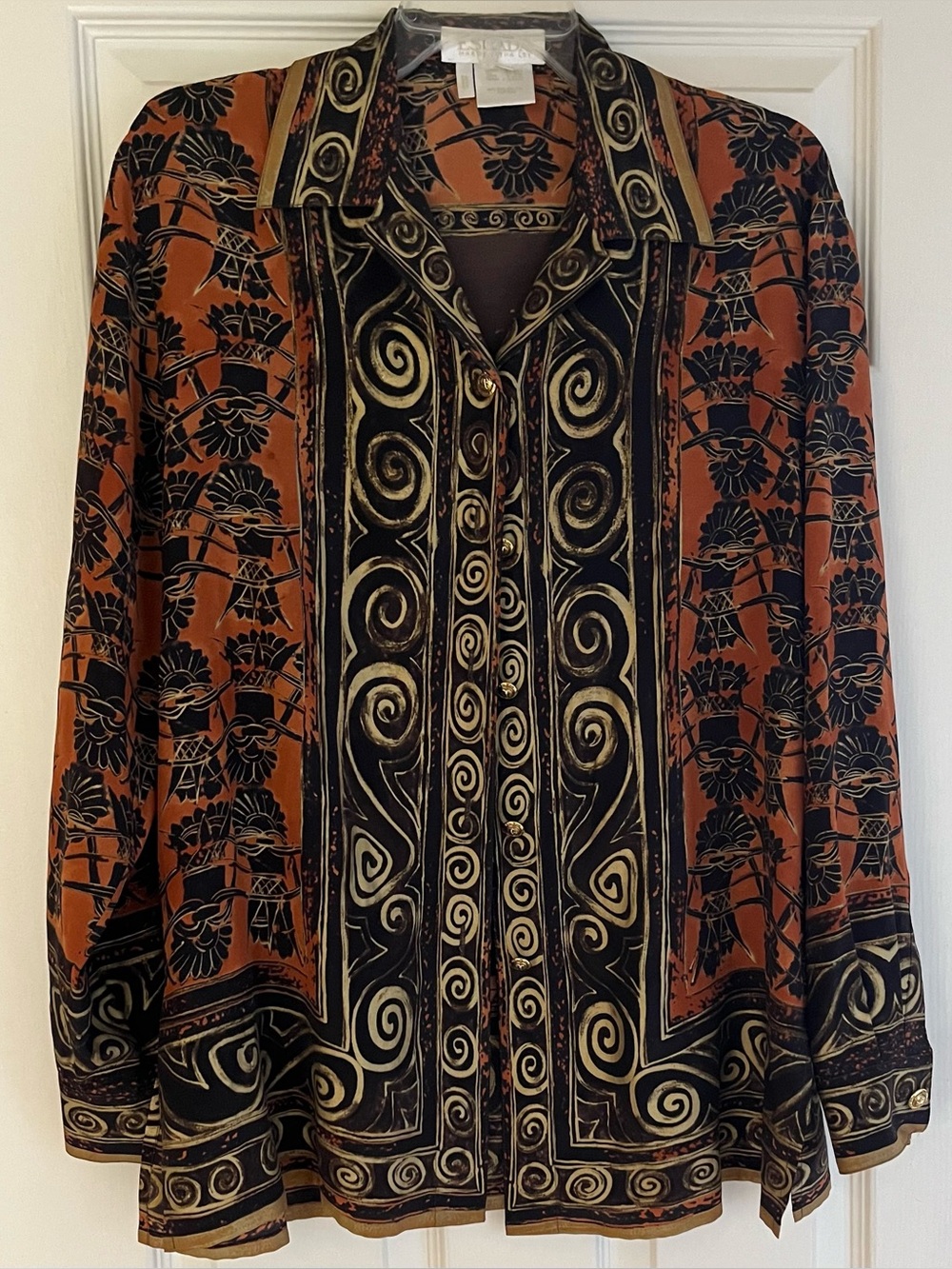 Vintage ESCADA Margaretha Ley 100% Silk Tribal African Print Top Sz M
